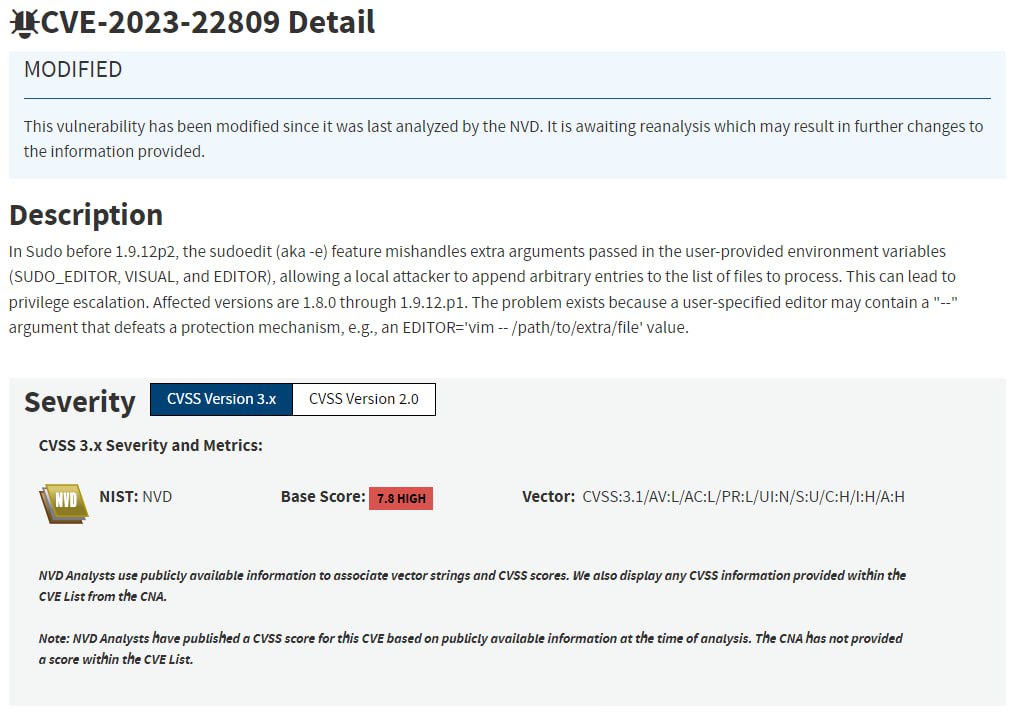 sudo 高危漏洞 CVE-2023-22809